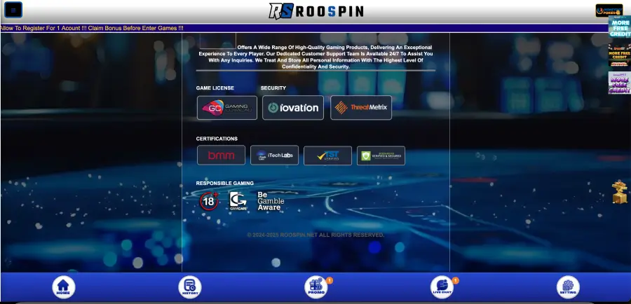 Roospin casino licence and certifications including Gaming Curacao and iTech Labs