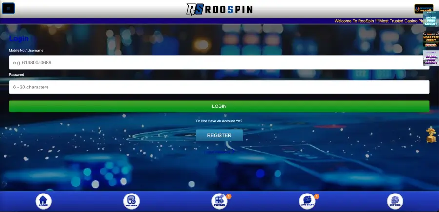 Roospin casino login page with phone number registration for Australia