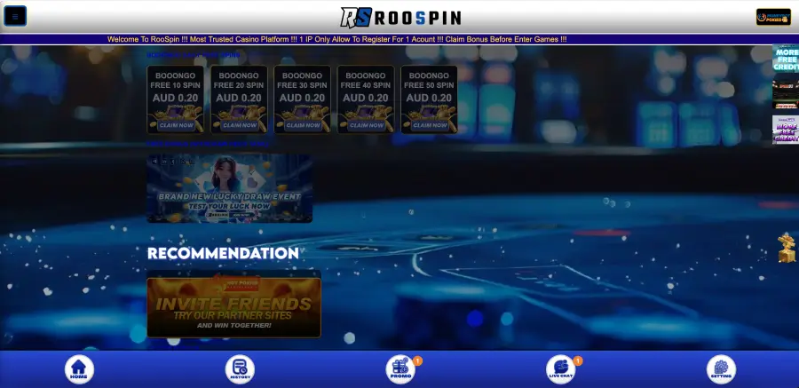 Roospin casino promotions page with Booongo daily free spins and lucky draw in AUD