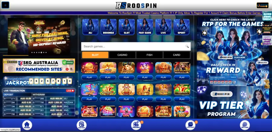Roospin pokies lobby with casino slots thumbnails and play buttons for Australian players